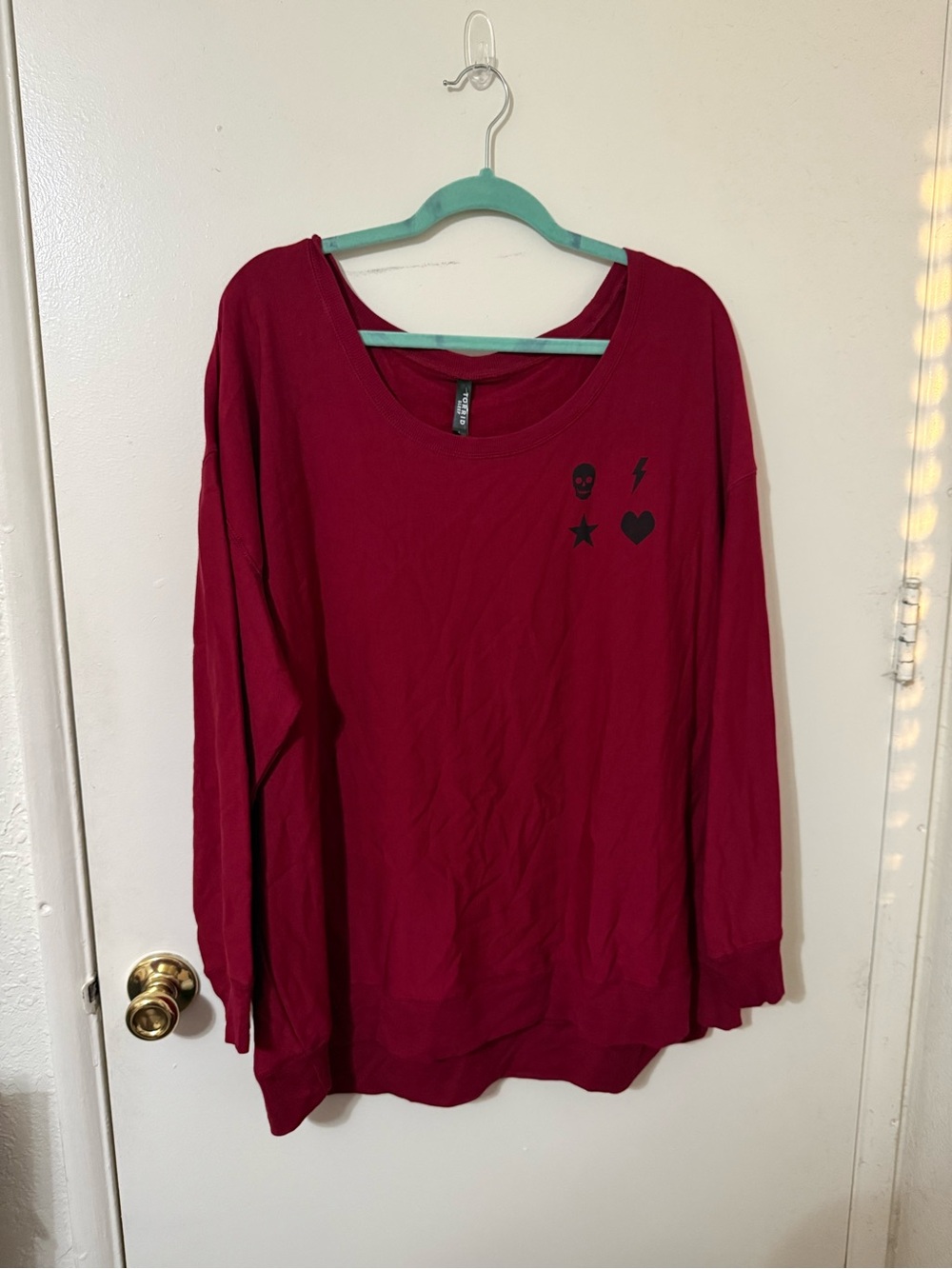 Torrid Sleepwear Burgundy Long Sleeve Scoop Neck Sweatshirt with Black Icons